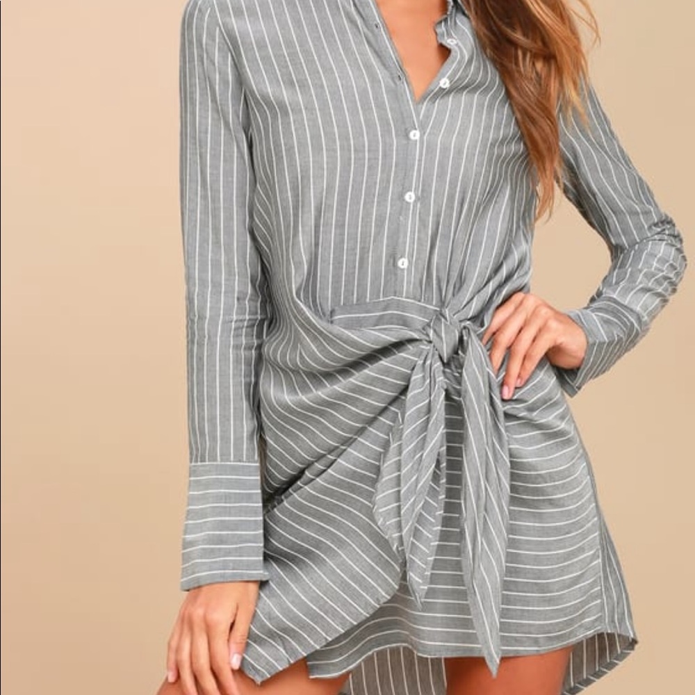 Grey Striped Knotted Shirt Dress